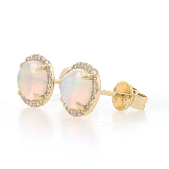 Yellow Gold Opal & Diamond Halo Stud Earrings 14k Round Cabochon 1.06ctw Pierced - Picture 2 of 5